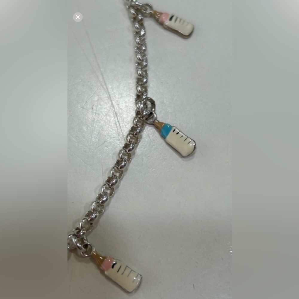 Adorable Sterling Silver and Enamel Baby Bottle Charm Bracelet